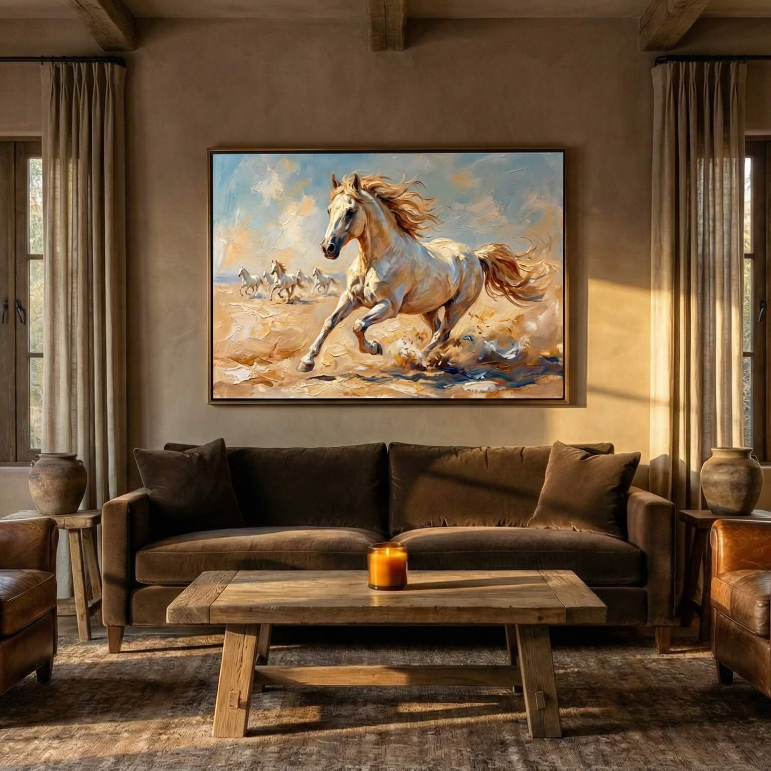 Emthread Estate Series large-scale white horse canvas art featuring visual impasto texture, encased in an antique bronze floating frame. Displayed in a moody, organic modern living room with warm clay plaster walls and a deep charcoal velvet sofa. Golden hour lighting highlights the textured canvas surface. Curated wall furniture for the sanctuary home.