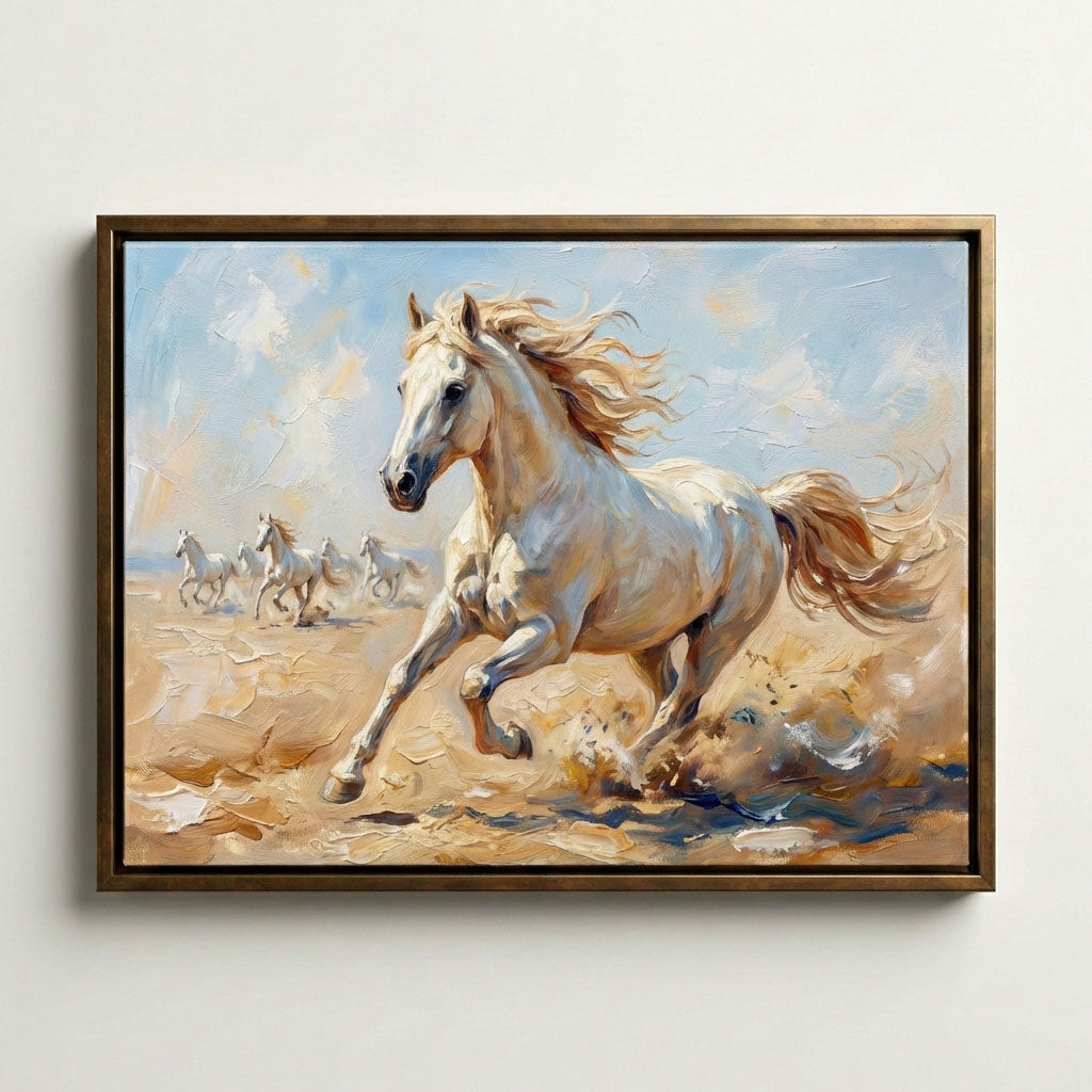 "Emthread Estate Series large-scale white horse canvas art featuring visual impasto texture, framed in antique bronze. Hanging in a moody, low-light organic modern living room above a charcoal velvet sofa with golden hour lighting."